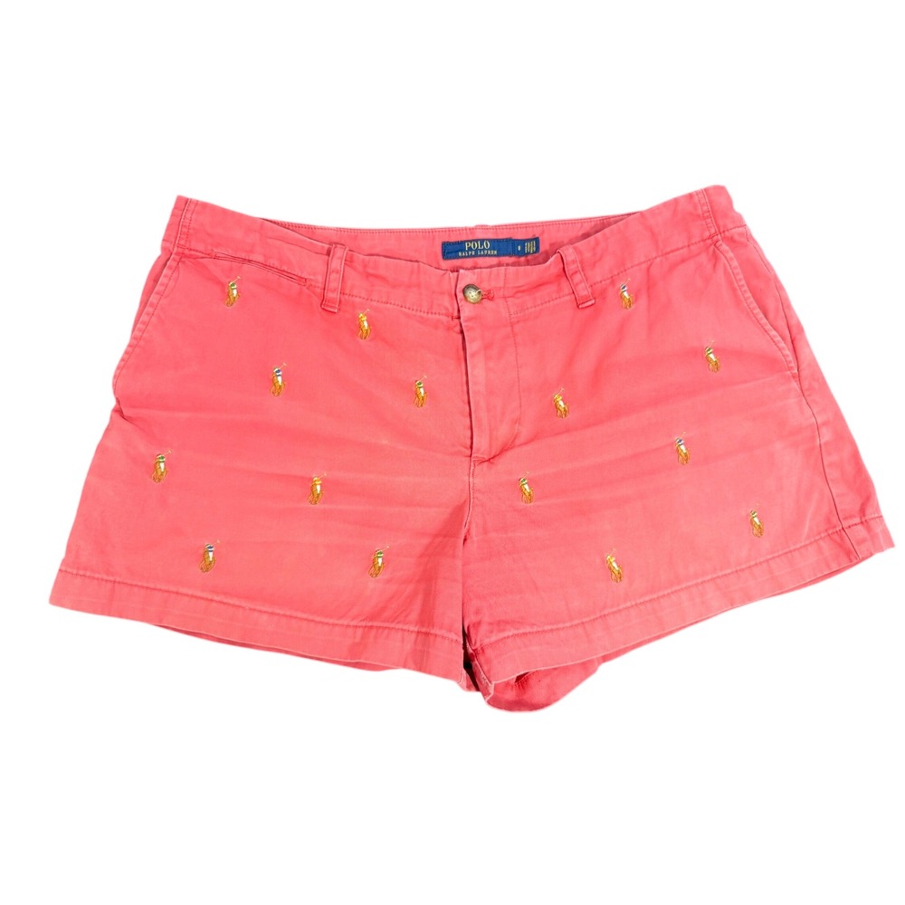 Polo Ralph Lauren Women 8 Coral Pink Embroidered Pony Chino Shorts Preppy